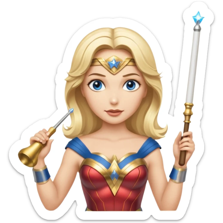 Blonde blue eyed Wonder Woman holding white orchestra conductor’s baton and bell sticker