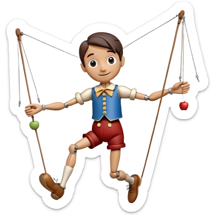 3D render of Pinocchio Boy as a wooden marionette puppet, Long nose, wood grain skin, strings, silver metal screw joints at elbows and knees, polished brown wood texture, rigid toy pose, Apple emoji style, isolated on white background --v 6.0. sticker