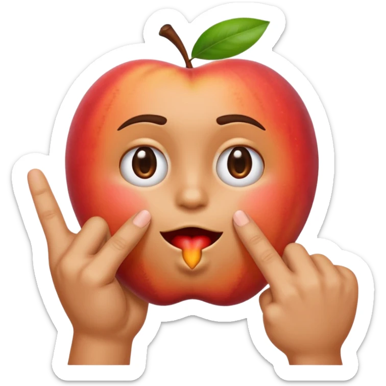 an upset emoji holding up in one hand a middle finger and the other hand eating a peach sticker