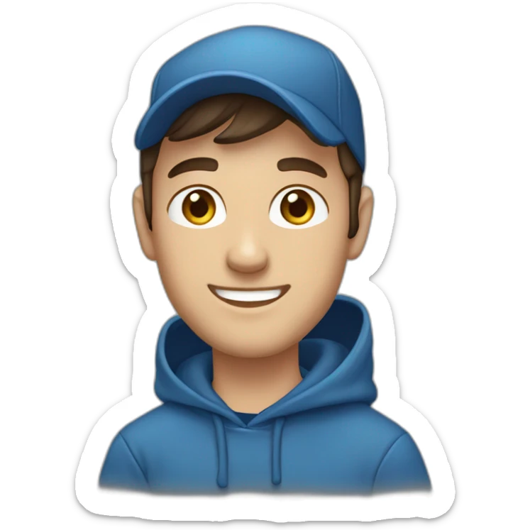 caucasian, male, dark brown hair, dark brown eyes, cap, smiling, blue hoodie sticker