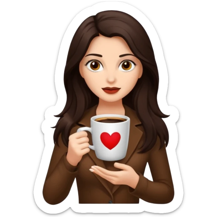 Dark Brown long haired sexy woman with dark brown eyes with cup of coffee sticker