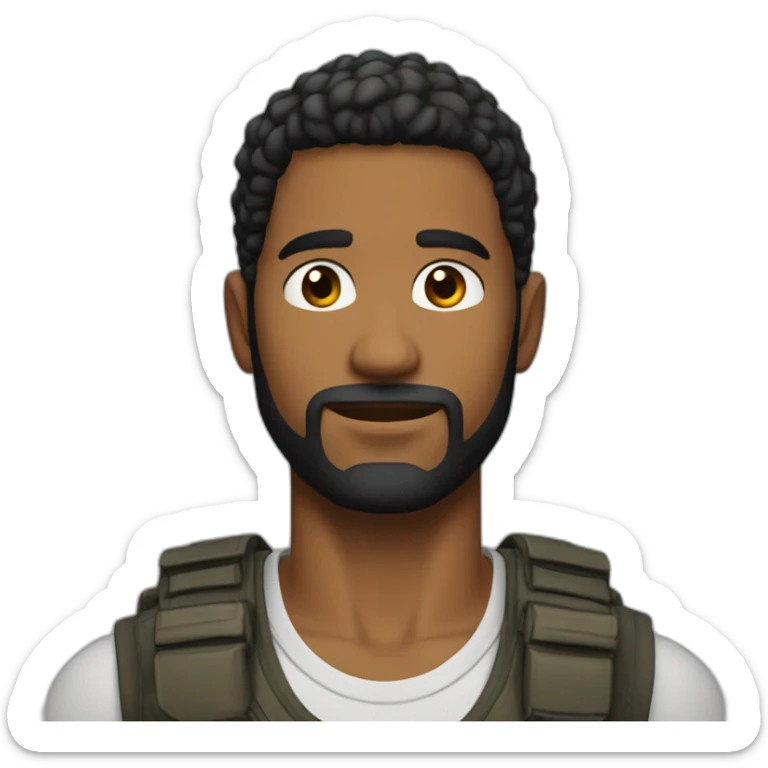 Joven de 27 años, pelo negro corto, barba negra, y un chaleco tactico sticker