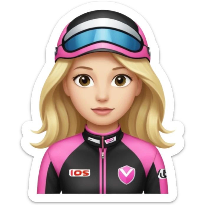 blonde long hair woman with black racing outfit with pink strips sticker