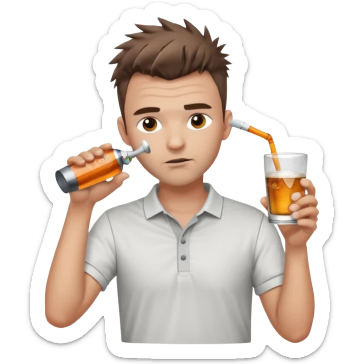 Handsome male.short messy brown hair.mowhawk hairstyle. wearing white golf shirt.grey shorts. Drinking shooter . sticker