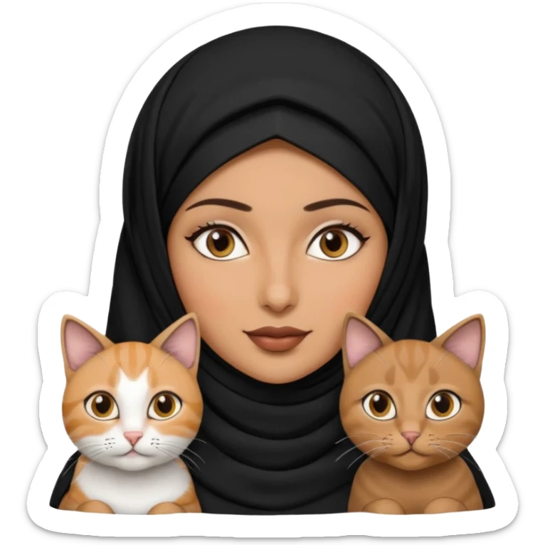 A Arabic woman human with brown eyes and black hijab. , the human is a human no cat ears, two cats, the both cats have the colour black and white in the same colour, not orange cat,  NO CAT EARS ON THE HUMAN ,  sticker