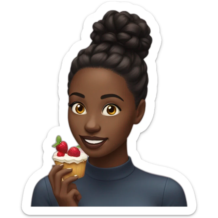 A black girl, black hair in a bun, eat cake spitting fruits sticker