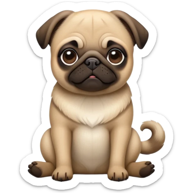 cinematic-[pug]-realistic-full-body-sitting-emoji,-tail-resting-loosely-beside-its-paws,-head-tilted-dramatically, -sleek-[fawn]-fur,-simplified-yet-realistic-focused-features,-highly-detailed,-glowing-with-an-almost-sarcastic-glow sticker