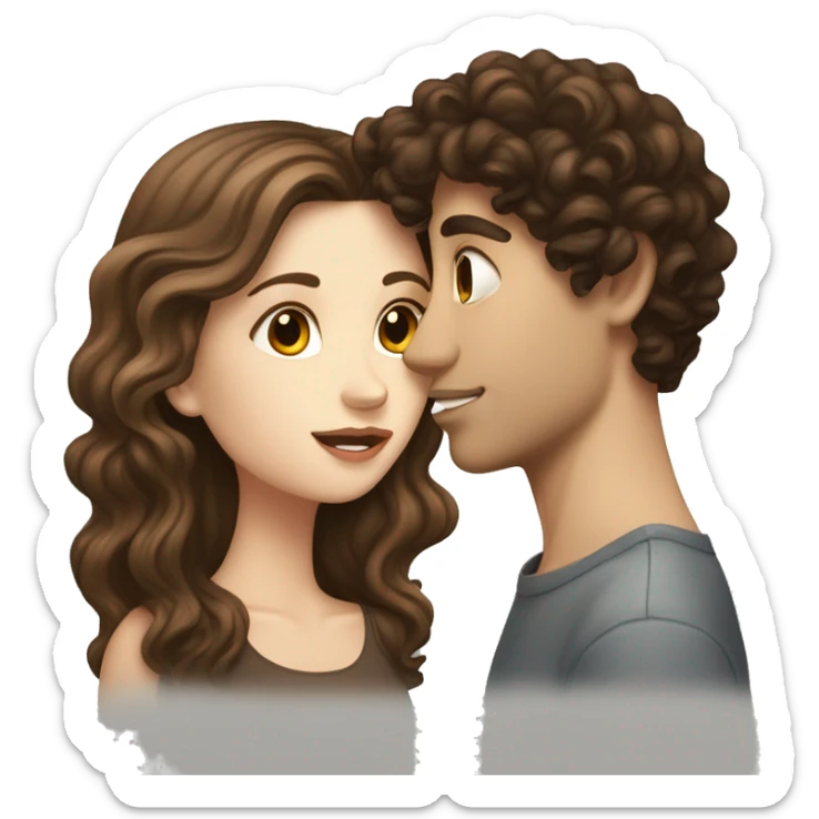 white girl with wavy brown long hair kissing a white boy with short curly dark brown hair sticker