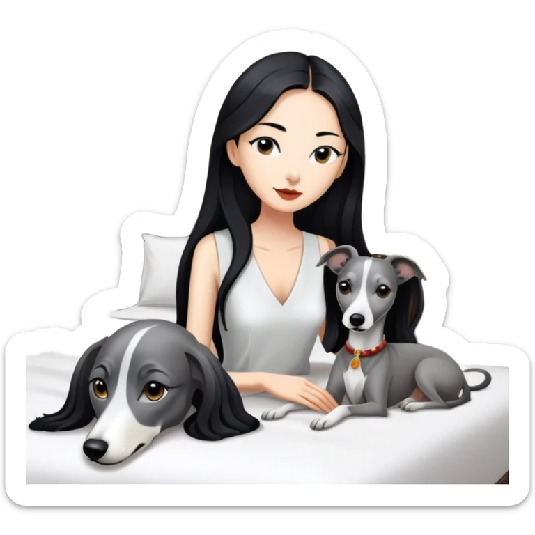 Very thin Chinese woman with long black hair relaxing in a luxurious hotel suite with exactly ONE whippet dog. EXTREME IMPORTANCE: the whippet must be ONE SOLID VERY DARK CHARCOAL GREY COLOR from nose to tail with ABSOLUTELY NO WHITE MARKINGS anywhere - NO white on face, NO white on muzzle, NO white on chest, NO white on paws, NO white on tail - NOTHING BUT A SINGLE SHADE OF VERY DARK GREY throughout the entire animal sticker
