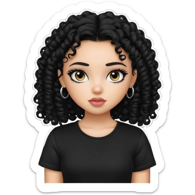a pretty bratz girl with curly black hair, eyeliner, wearing a black tshirt sticker