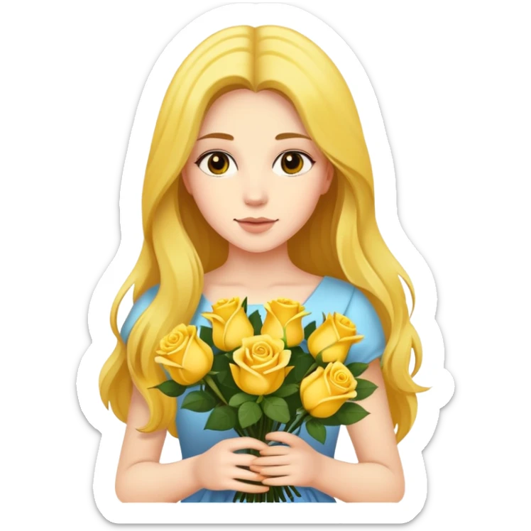 Beautiful girl with long hair holding a bouquet of yellow roses sticker