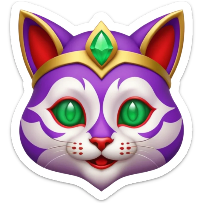 crazy colorful cute little cat jolly joker from poker, medieval, vintage, court jester, mac os icon, purple, gold and red color, half body, emerald green ice eyes. Squared shape as 3D mac os icon, symmetrical sticker