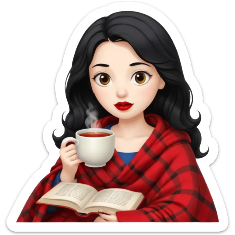 Long wavy Black haired, white skinned, dark big eyed girl with red lipstick wrapped in a blanket, sipping tea and reading a book sticker