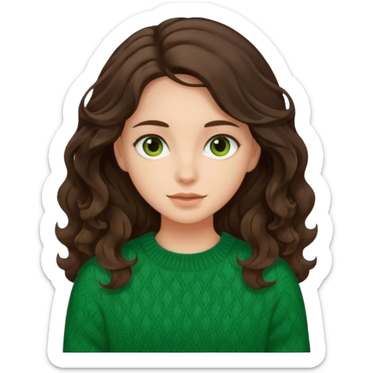 Una chica güera con pelo ondulado, café oscuro, largo, ojos cafés oscuros y con suéter o camisa verde sticker