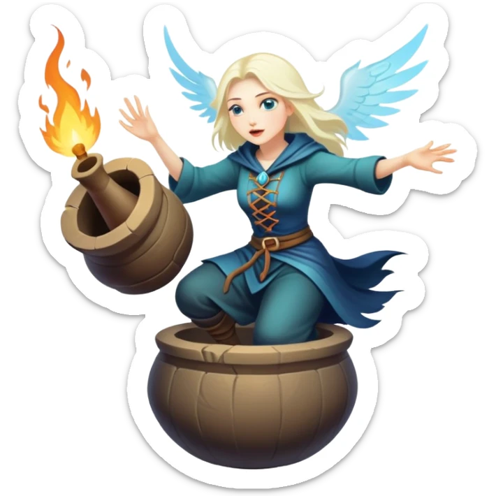 Baba Yaga sorceress woman flying in a mortar, magical aura sticker