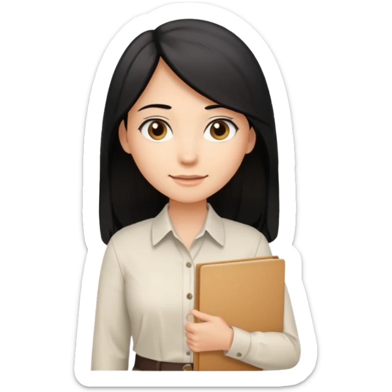 a light tan woman with long black hair past mid-back, round brown eyes, white button up shirt. holding manila folder sticker