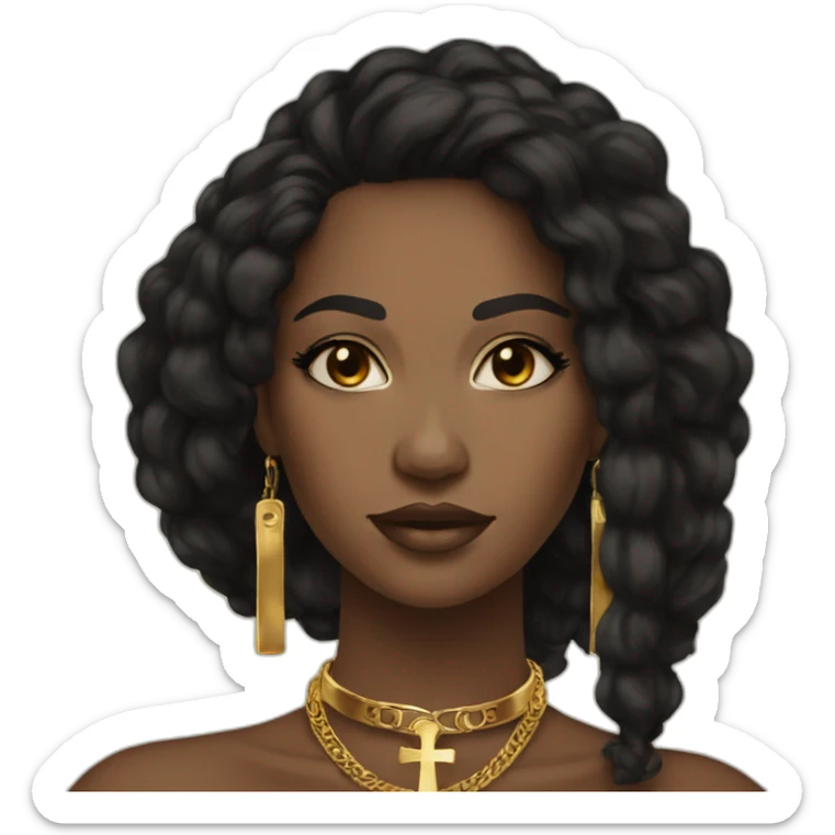 A Beautiful Black woman black hair brown eyes with gold necklace with ankh sticker
