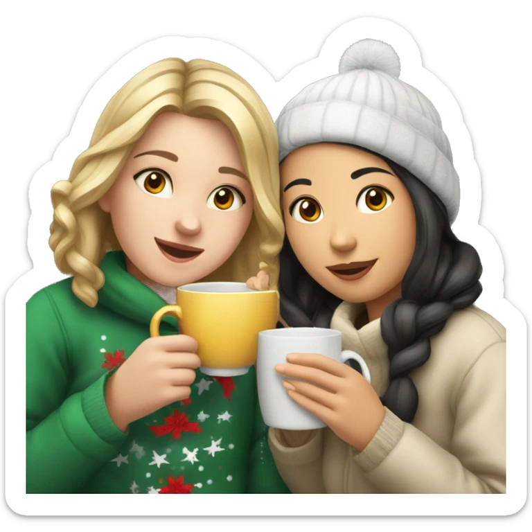 Caucasian girl and Asian girl drinking tea at Christmas time sticker