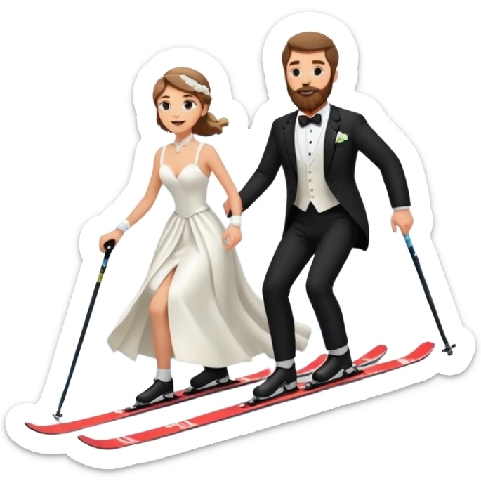 a couple skiing, man with a beard in a tux and woman in a wedding dress on their skiis going down a slope sticker
