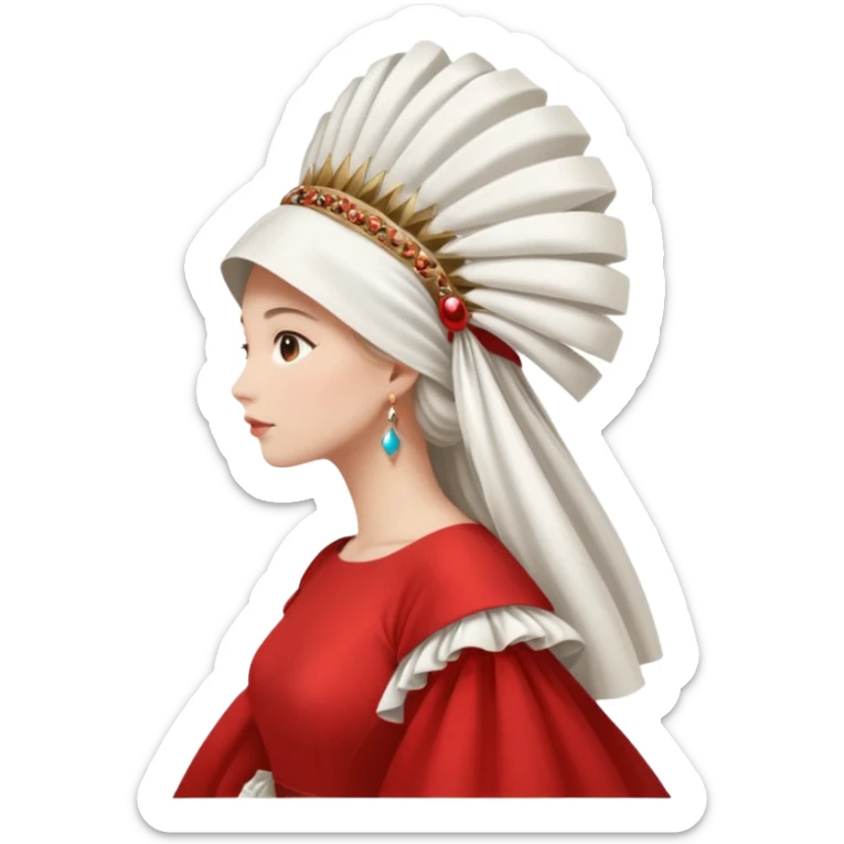 mujer de perfil con un vestido rojo de manga y falsas largas y voluptosas, y una toca blanca GRANDE que cubre su cara de perfil sticker