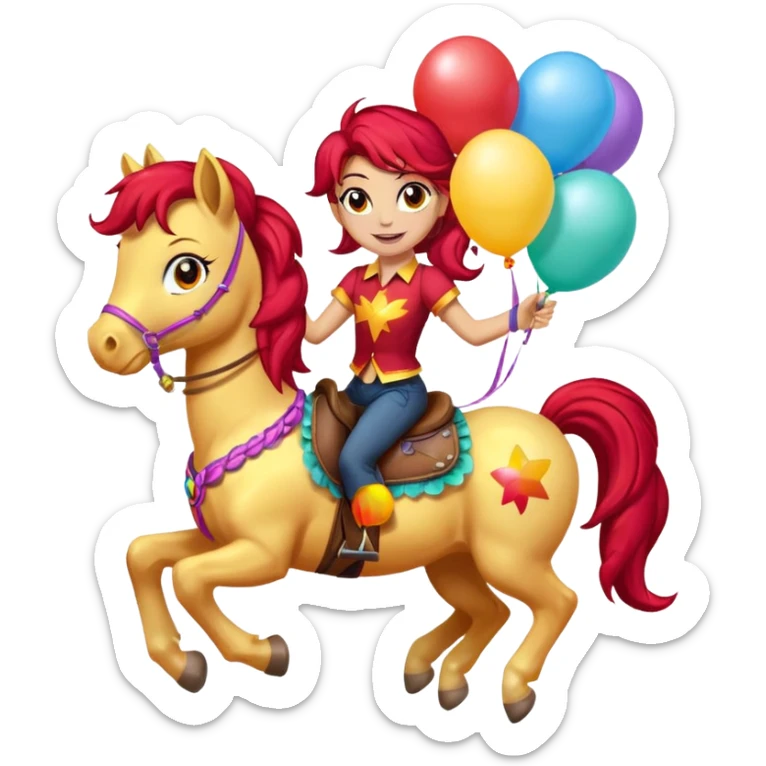 sunset shimmer mlp holding colorful balloons tied to its saddle, looking cheerful. sticker