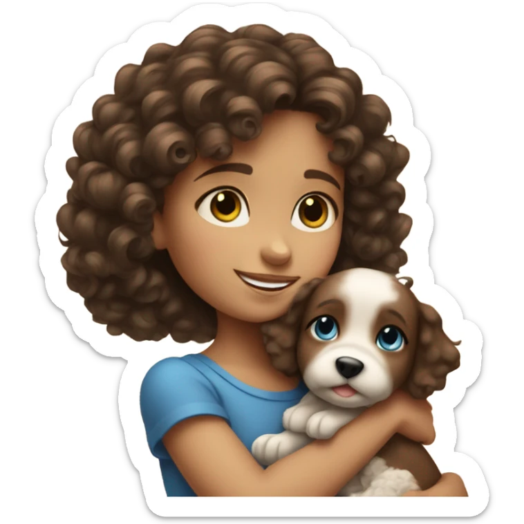 Little brunette girl with curly hair and blue eyes hugging a small puppy sticker