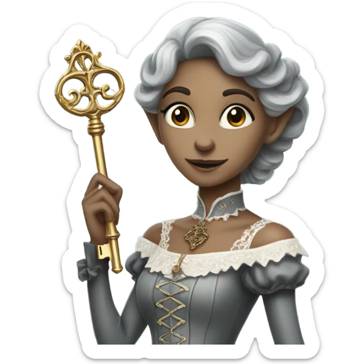 gray elf woman login holding a big key in victorian dress sticker