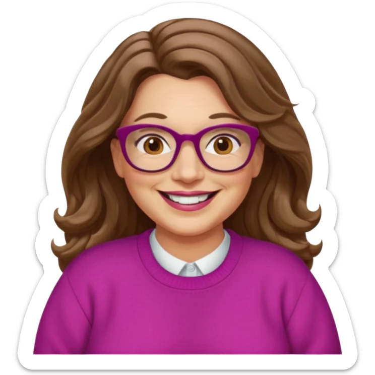 50 yr Caucasian woman, long brown hair parted on side, brown eyes, brown glasses, big smile, white teeth, fuscia sweater, chubby, wavy hair sticker