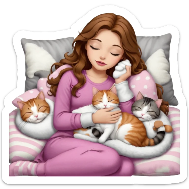 girl with long wavy brown hair, brown eyes, long lashes makeup, sexy pink lips, light to medium complexion,  sleeping on a cozy pillow, with 6 cats: 1 brown and white tabby cat, 1 ginger and white, 2 grey and white, 1 grey with white mittens and small white patch on chest and 1 calico, sleeping sticker