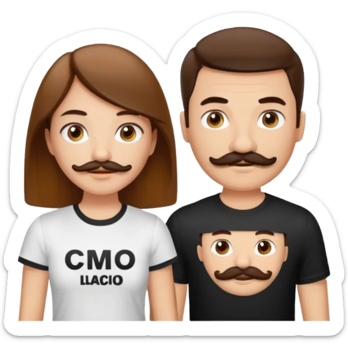 de una pareja , el chico rubio pelo razón ojos marrones con bigote y perilla y piel clara con una camiseta blanca y letras negra en la teta derecha , la chica pelo liso y marrón con un top blanco sticker