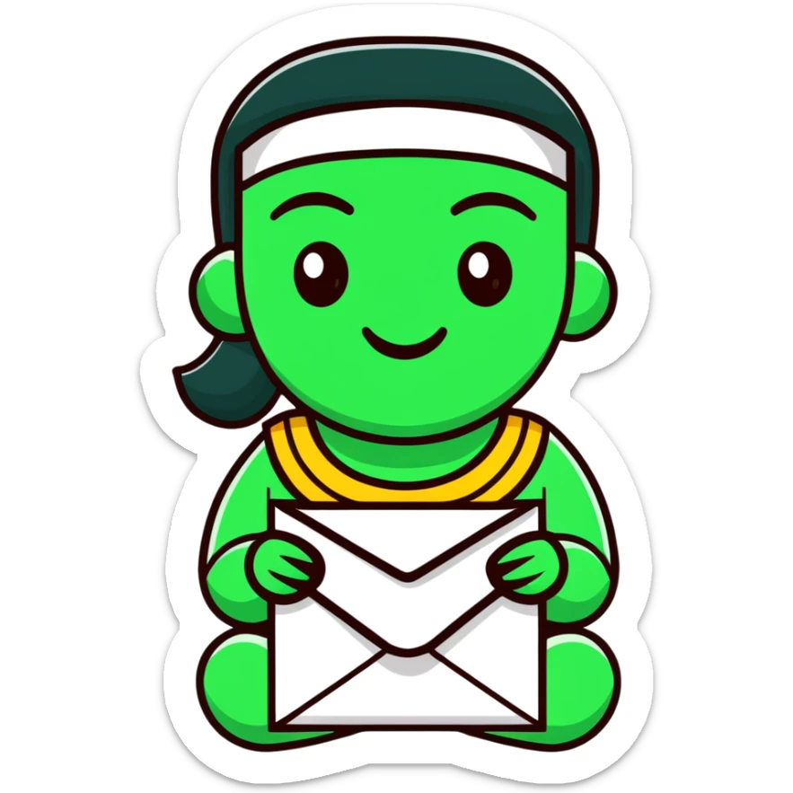 Maya hieroglyphic smile face - receiving a letter, perfect geometric lines, ONLY white and deep green colors, no other colors, flat design, clear messaging symbolism sticker