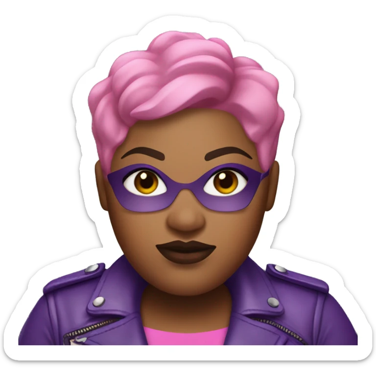 Plus size black woman with extremely short pink hair and a purple leather biker jacket with makeup on face. sticker