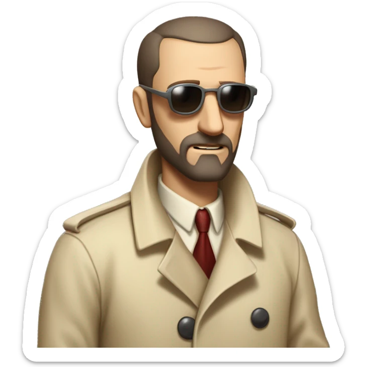 1930s investigator, a Caucasian man with short, buzz cut dark hair and a rough beard, wears tiny red-tinted sunglasses and a dirty beige trench lab coat. He has a serious demeanor. sticker