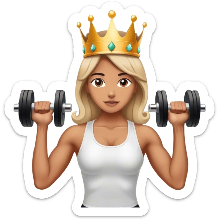 A woman wearing a crown stands in the center of the gym, lifting a dumbbell. sticker