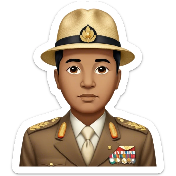 ​Cinematic Realistic Portrait of Sukarno, depicted in a lifelike, realistic style based on his iconic portrait, showcasing his thoughtful, charismatic expression in period attire, rendered with detailed textures and warm, evocative lighting that captures his pioneering spirit and national pride, sticker
