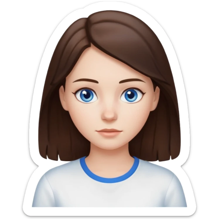 Create an emoji of a white Girl with brunette hair blue eyes faint freckles and hair to her shoulders wearing a white shirt sticker