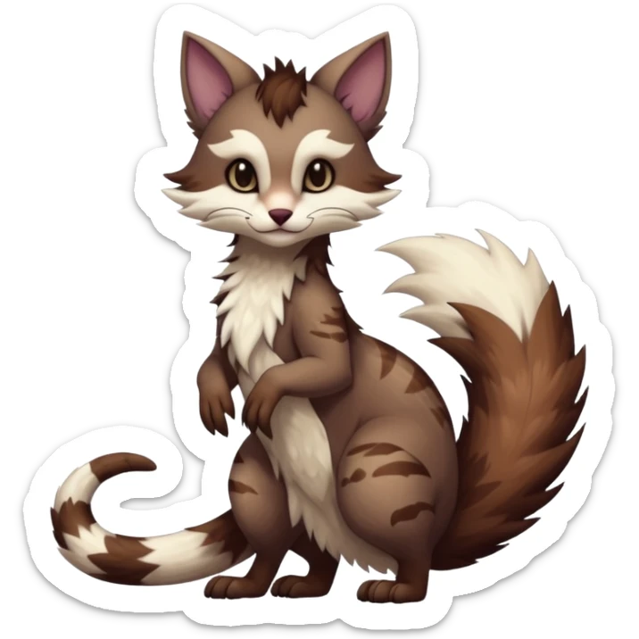 Kawaii dark edgy brown beige white fantasy ethereal feline-vernid-sergal-furret-fursona animal creature with a tufted tail full body with intricate markings  sticker
