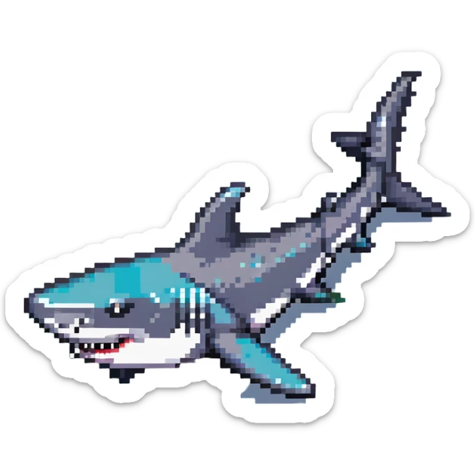 shark with Air Jordans on all fins, pixel art style, simple background sticker