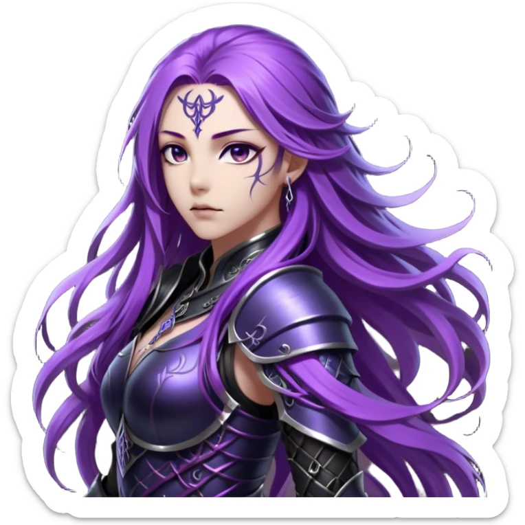 A mysterious warrior girl with long, flowing purple hair cascading down her back, strands catching the dim light like silk. Her piercing violet eyes glow. She wears sleek black armor, a perfect fusion of elegance and lethality, adorned with intricate silver engravings resembling ancient runes.  sticker