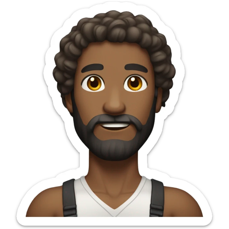 6’5” tall brown skin man with strong arms and strong legs and with curly hair and black beard sticker