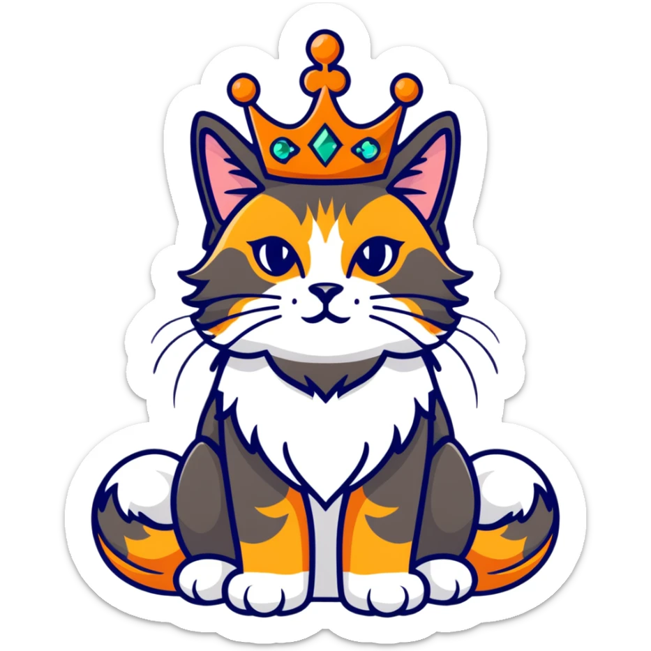 regal calico maine coon cat with orange, black and white fur wearing a jeweled crown sticker