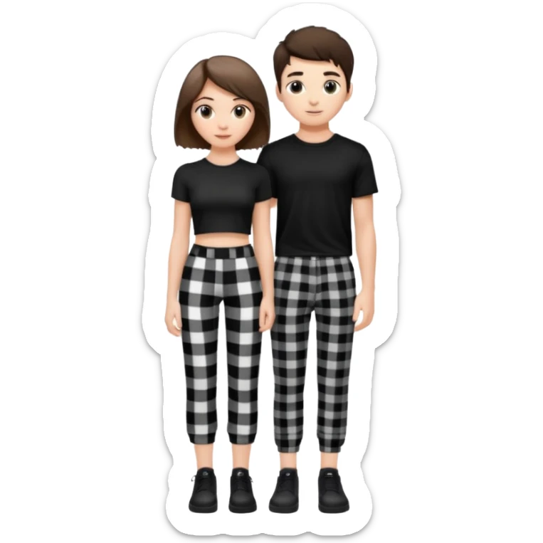 white girl with short brunette hair and eyelashes a little long with a black crop top and black and white plaque pants on top of a white boy with brunnete fluffy hair and long black shirt on and black and white plaque pants. sticker