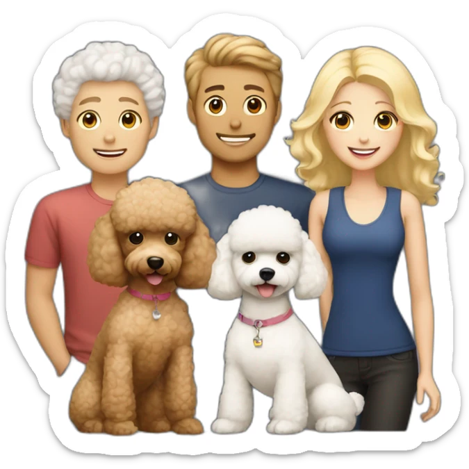 Family consisting of 1 korean man 1 white blonde girl and fluffy brown toy poodle sticker