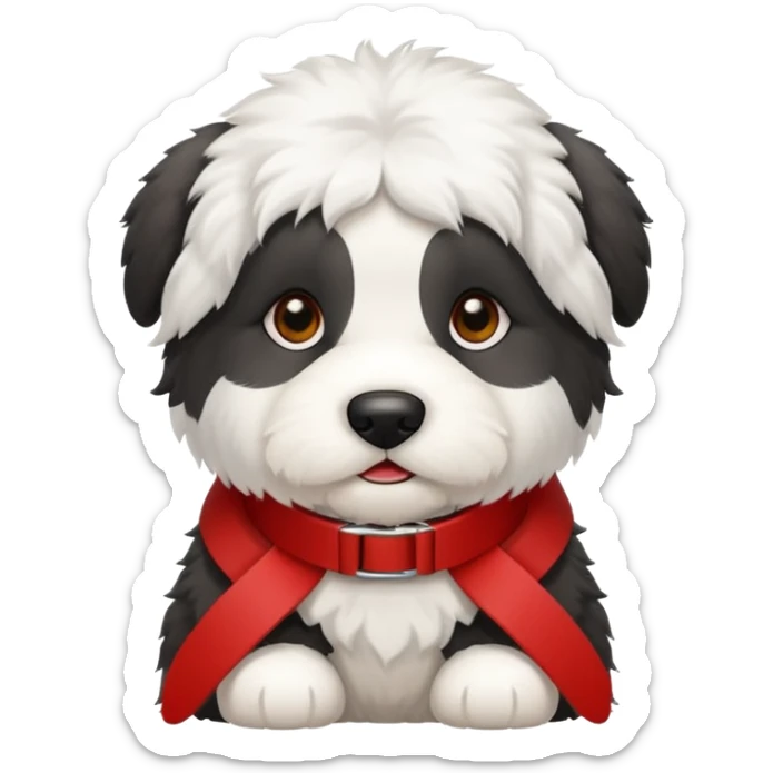 Crea un emoji de un perrito bebé  sheppdog english old con un collar rojo y que la placa diga Rocky sticker