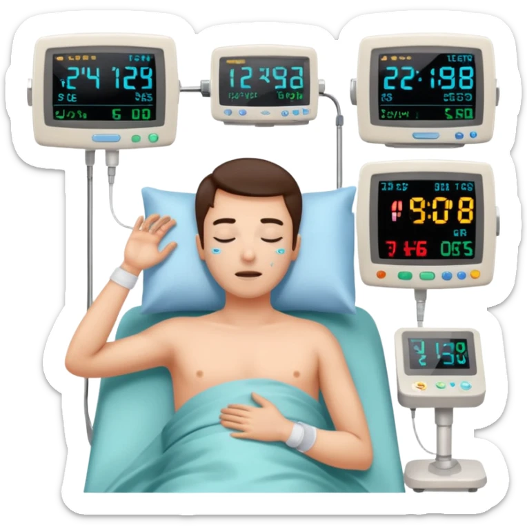 a PATIENT waking up before a surgery sleeping. And 1 monitor with vitals and numbers sticker