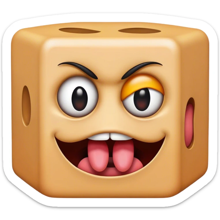 an emoji block of mystery that has a mouth and a tongue and is freaky with two evil eyes sticker