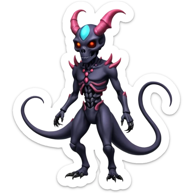 Shiny Horned Futuristic Badass Demonic Spectral Dusky Spooky Skull-faced Cool Hot Stylish Handsome Alien-Salandit-Darkrai-Genesect-Fakémon-fusion (full body) sticker