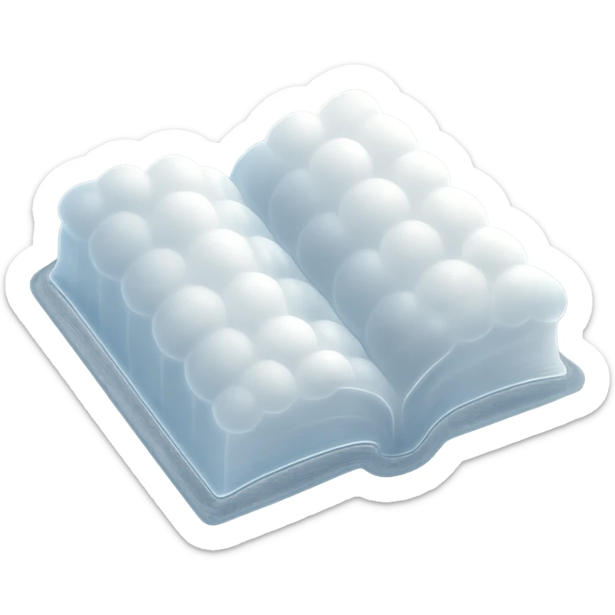 top view of a thick open book made entirely of small, very bright white fluffy convex clouds, matte glass style, no background sticker