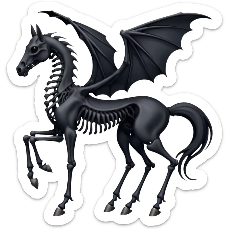 thestral: Winged horses visible only to those who have witnessed death and understand its significance. Can u make it thinner? Like an achal tekkine? Long legs, wings like from a bat, head like a sekeleton horse sticker