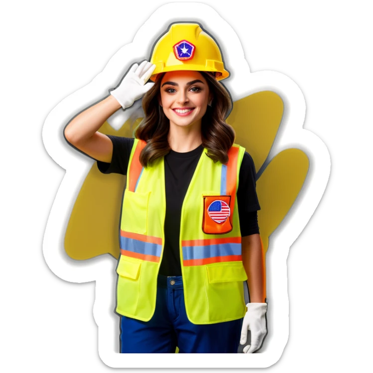  Charli D'Amelio is a construction worker wearing a patriotic dress with a neon yellow safety vest over the dress. she also has a hard hat and a patriotic patch on the vest sticker